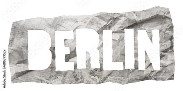 Fototapeta Berlin city name cut out of crumpled newspaper in retro stencil style isolated on transparent background