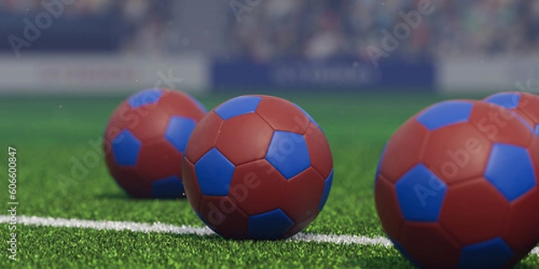 Obraz Several 3D Soccer Ball on soccer stadium grass