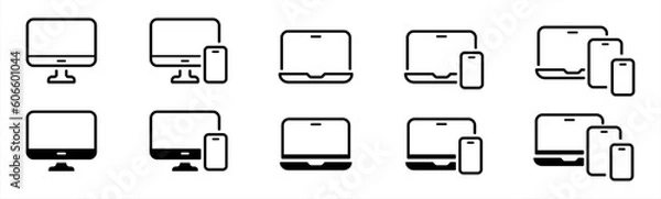 Fototapeta Responsive digital devices icon set in line style. digital display, desktop, computer, laptop, tablet, smartphone screen simple black style symbol sign for apps and website, vector illustration.
