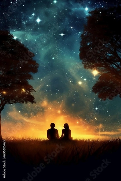 Fototapeta Couple sitting and kissing under the stars, beautiful, AI generative