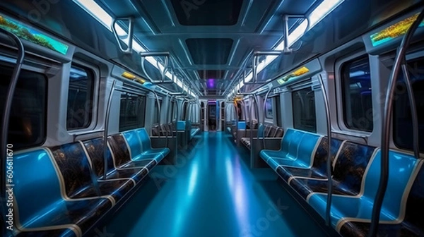 Fototapeta The interior of the metro train compartment, with bright lights, clean aesthetic, future style, AI generative