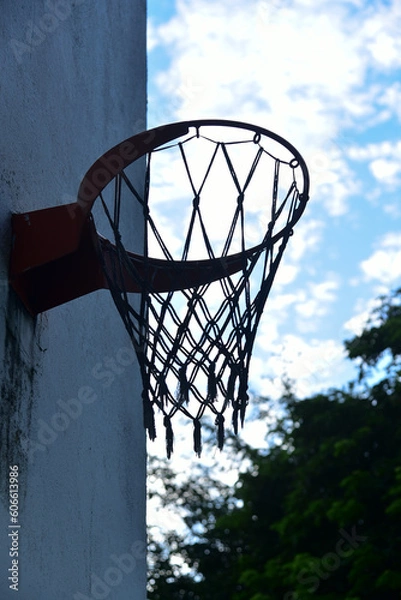 Obraz basketball hoop on the sky, basketball hoop and net, basketball hoop against blue sky