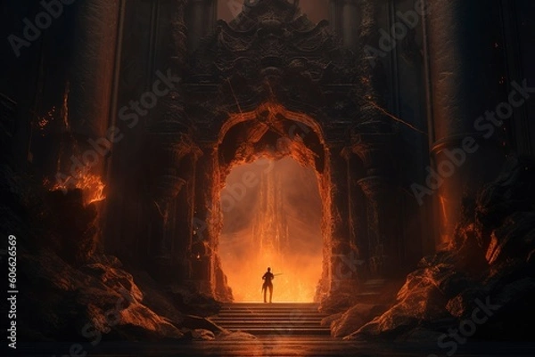 Fototapeta illustration of sinful curse hell gate with smoke and flame Generative Ai