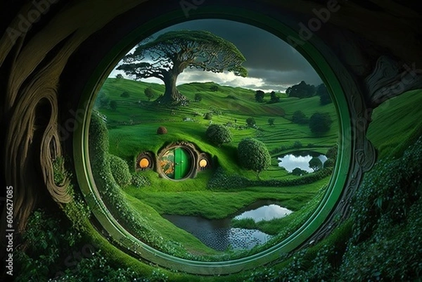 Fototapeta Concept art illustration of hobbit house, generate ai
