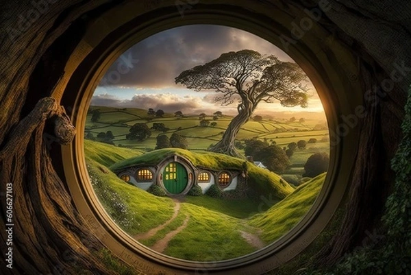 Fototapeta Concept art illustration of hobbit house, generate ai