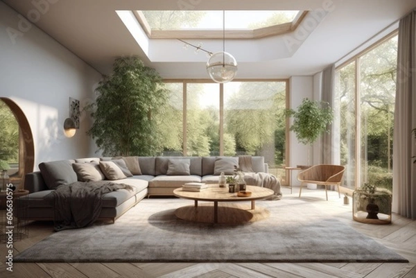 Fototapeta Beautiful cozy mid century modern boho living family room with arched doorway large windows and skylight with nature garden views Made with Generative Ai