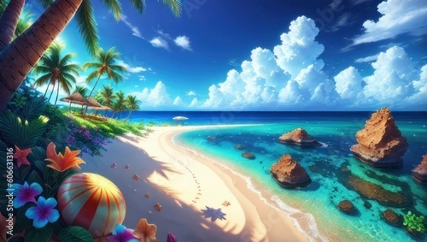Fototapeta Tranquil beach scene. Exotic tropical beach landscape for background or wallpaper. Design of summer vacation holiday concept. Ai generated