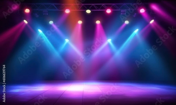 Fototapeta Empty stage with colorful spotlights. Scene lighting effects. Generative AI