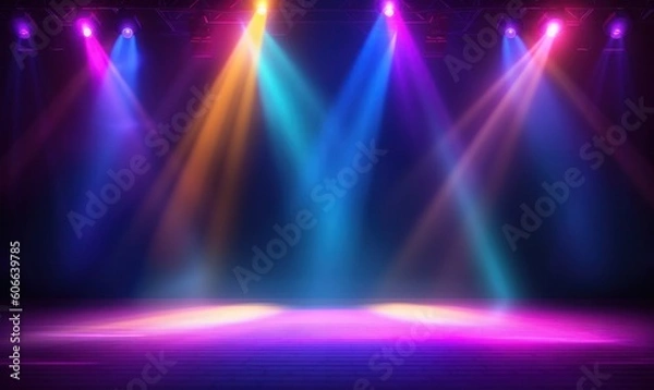 Fototapeta Empty stage with colorful spotlights. Scene lighting effects. Generative AI