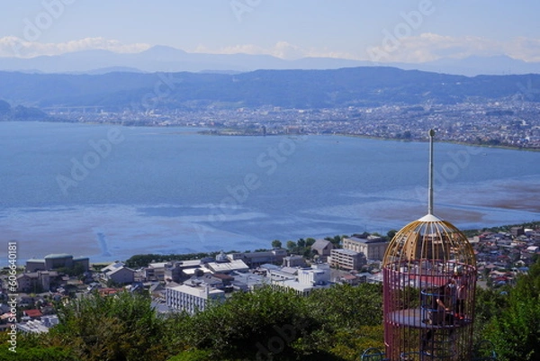 Obraz 諏訪湖と遊具@立石公園