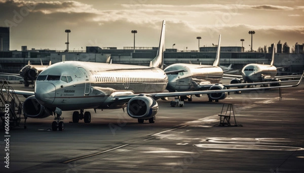 Fototapeta Airport with many planes and sky background. Transportation and travel concept. Generative AI