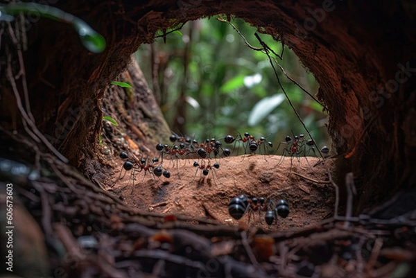 Fototapeta ants crawling in the middle of a hole, with green leaves and brown bark on the ground behind them they are looking for food. Generative Ai