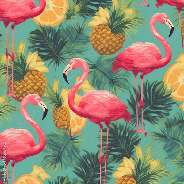 Fototapeta Flamingos and pineapples pattern