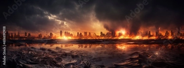 Fototapeta Post apocalypse. Nuclear apocalypse survivor. Ruined Cityscape. Concept. Banner size. Header, A nuclear explosion in the center of the metropolis. The beginning of apocalyptic, generate ai
