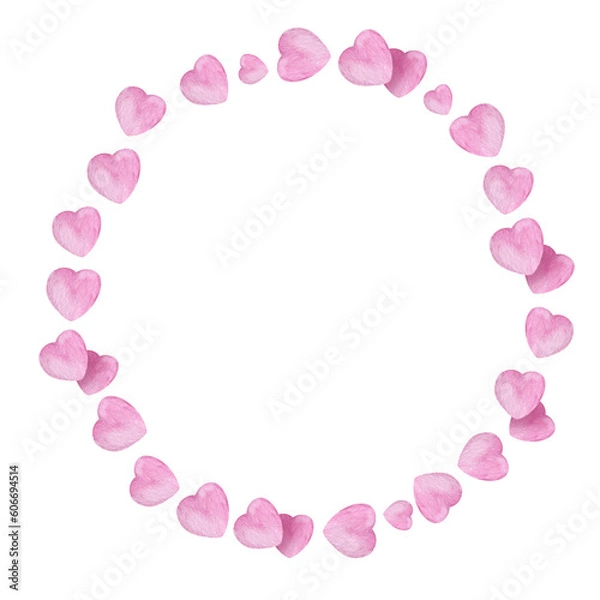Fototapeta watercolor round frame with heart to Valentine day theme, hand draw illustrationof wreath, pink and lilac colour border on white background