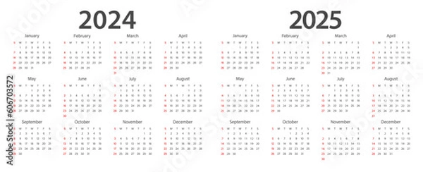 Fototapeta Calendar 2024, calendar 2025 week start Sunday corporate design template vector.