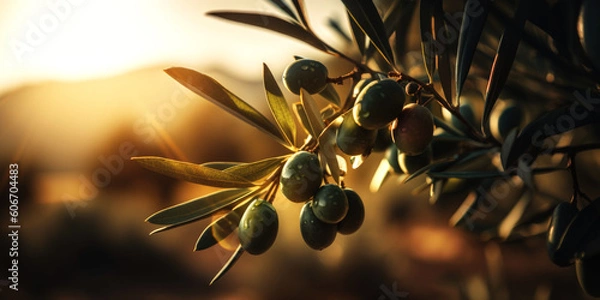 Fototapeta Olivenzweig in der Abendsonne, Generative AI