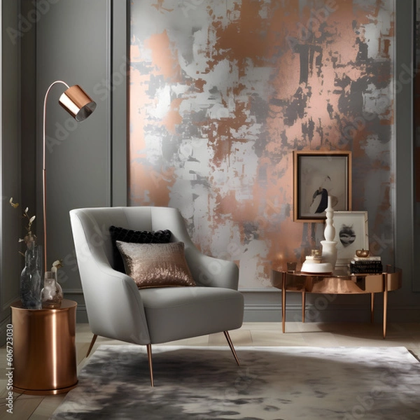 Fototapeta gray soft armchair, copper lamp and coffee table in the living room with metallic pattern on the wall, Generative AI	
