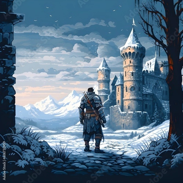 Fototapeta Medieval knight in a winter landscape and looking at a ruined castle, pixel art. generative AI	
