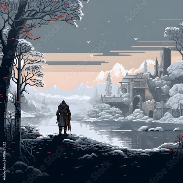Fototapeta Medieval knight in a winter landscape and looking at a ruined castle, pixel art. generative AI	
