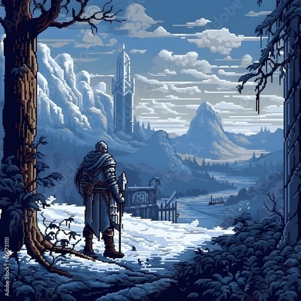 Fototapeta Medieval knight in a winter landscape and looking at a ruined castle, pixel art. generative AI	
