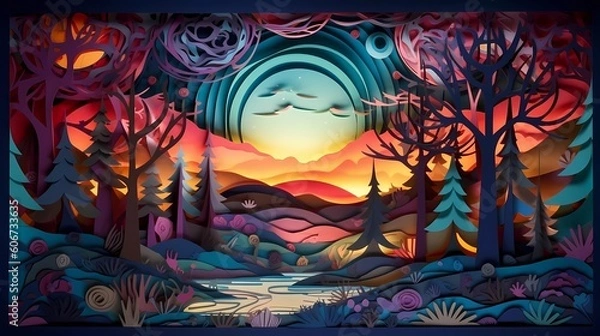 Fototapeta Paper craft whimsical fantasy landscape with gradient fade colors. 3D abstract background with paper cut shapes. Colorful carving art. Ai generative