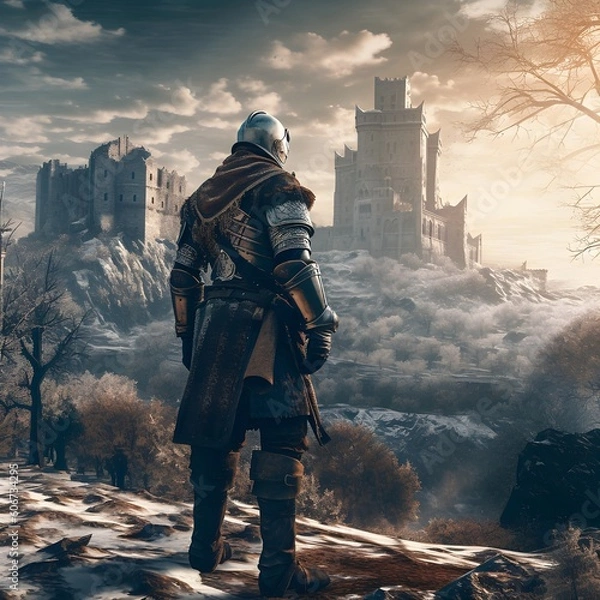 Fototapeta Medieval knight in a winter landscape and looking at a ruined castle. generative AI	
