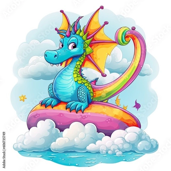 Obraz Mythical dragons on cloud collection. Colorful baby dragon cartoon with clouds. Cute dragon baby cartoon design. Colorful dragons sitting on clouds set design for kids coloring pages. AI Generated.