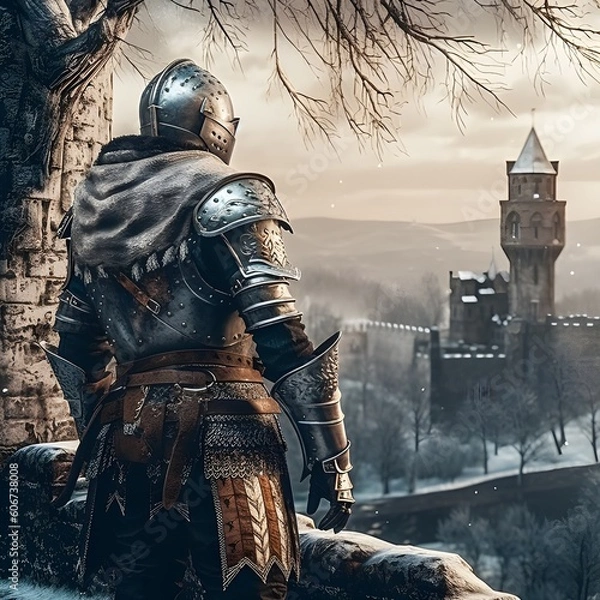 Fototapeta Medieval knight in a winter landscape and looking at a ruined castle. generative AI	
