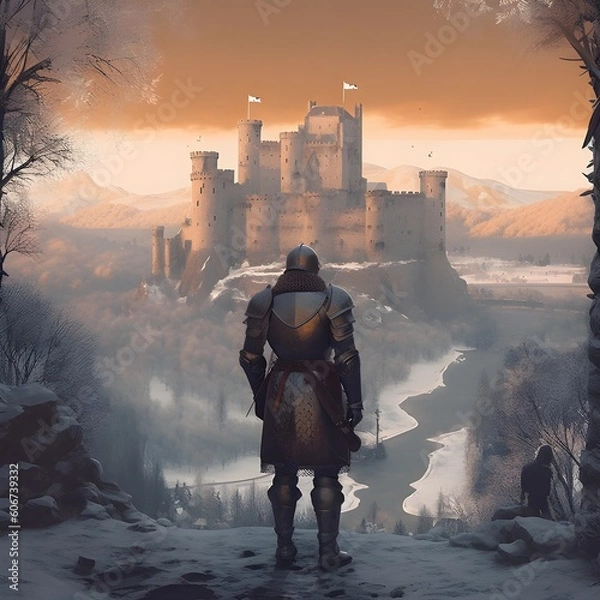 Fototapeta Medieval knight in a winter landscape and looking at a ruined castle. generative AI	
