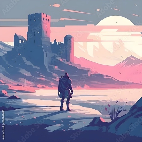 Fototapeta Medieval knight in a winter landscape and looking at a ruined castle. generative AI	