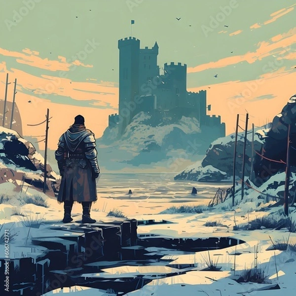 Fototapeta Medieval knight in a winter landscape and looking at a ruined castle. generative AI	