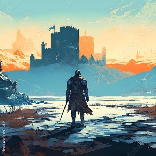 Fototapeta Medieval knight in a winter landscape and looking at a ruined castle. generative AI	