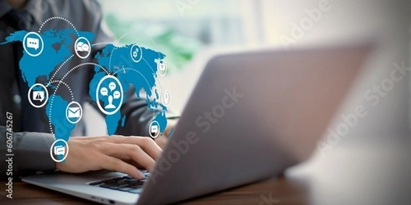 Fototapeta Email marketing, data center and internet advertising. Sending email digitally using email on laptop with world map background.