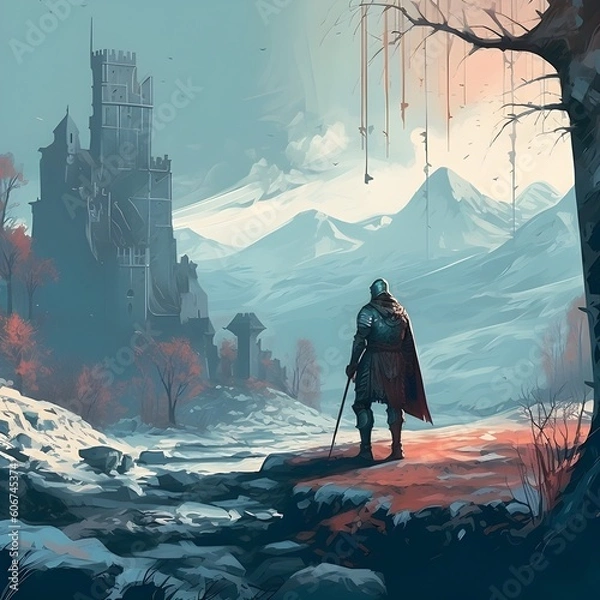 Fototapeta Medieval knight in a winter landscape and looking at a ruined castle. generative AI	