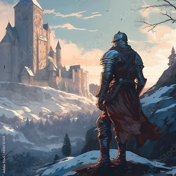 Fototapeta Medieval knight in a winter landscape and looking at a ruined castle. generative AI	