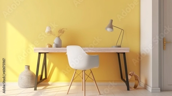 Fototapeta Modern home office with yellow wall and desk. Minimalistic style. Pastel colors. Created with generative AI.