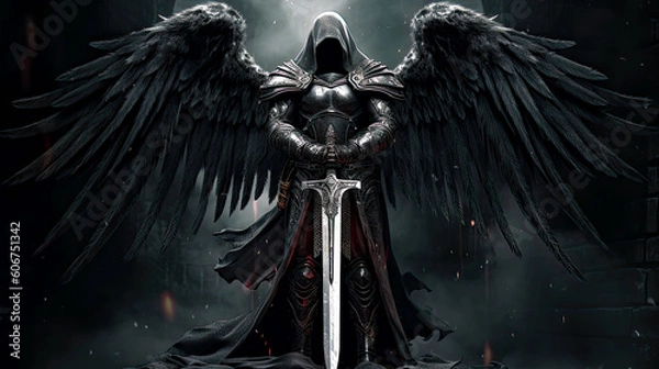 Obraz Dark Angel trzymający Big Silver Sword w Mrocznej scenie fantasy. Postrolutowana generatywna ilustracja AI.