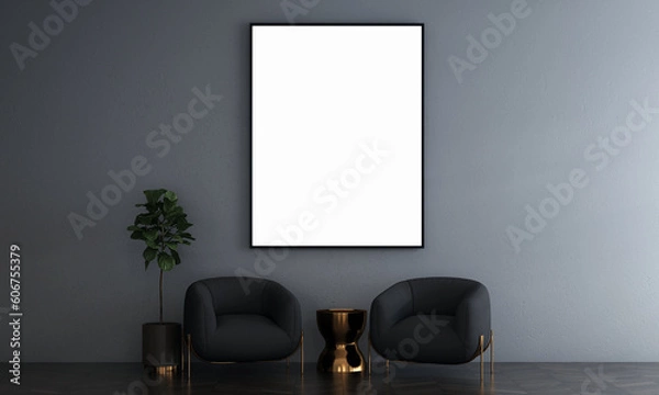 Fototapeta Modern cozy living room and black poster frame and concrete wall texture background interior design, modern sofa decor, parquet floor, 3D rendering