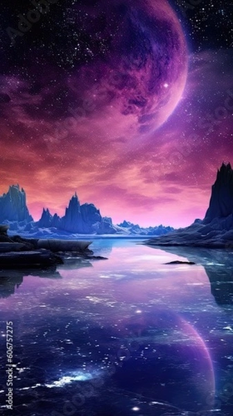 Fototapeta landscape in water and ice with milky way Generative Ai