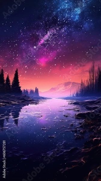 Fototapeta landscape in water and ice with milky way Generative Ai