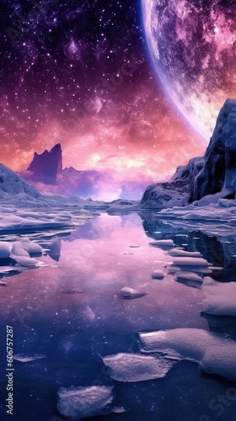 Fototapeta landscape in water and ice with milky way Generative Ai