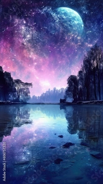 Fototapeta landscape in water and ice with milky way Generative Ai