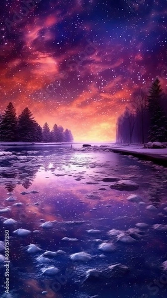 Fototapeta landscape in water and ice with milky way Generative Ai