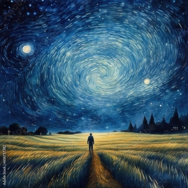 Fototapeta Watercolor blue sky filled with stars above a grassy landscape Generative Ai