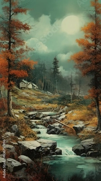 Fototapeta wallpaper of the painting shows a tree on the ridge Generative Ai