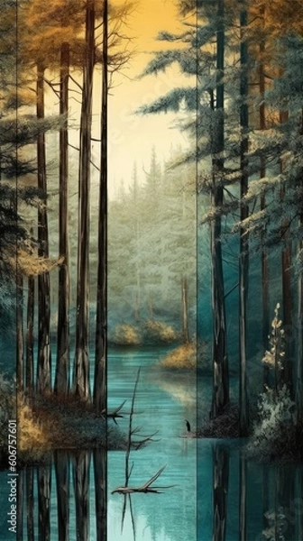 Fototapeta wallpaper of the painting shows a tree on the ridge Generative Ai