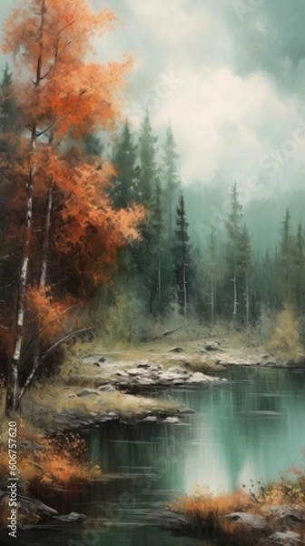Fototapeta wallpaper of the painting shows a tree on the ridge Generative Ai