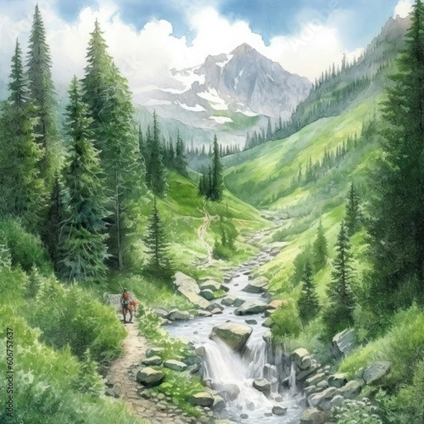 Fototapeta landscape painting of a mountain, water, and forest Generative Ai