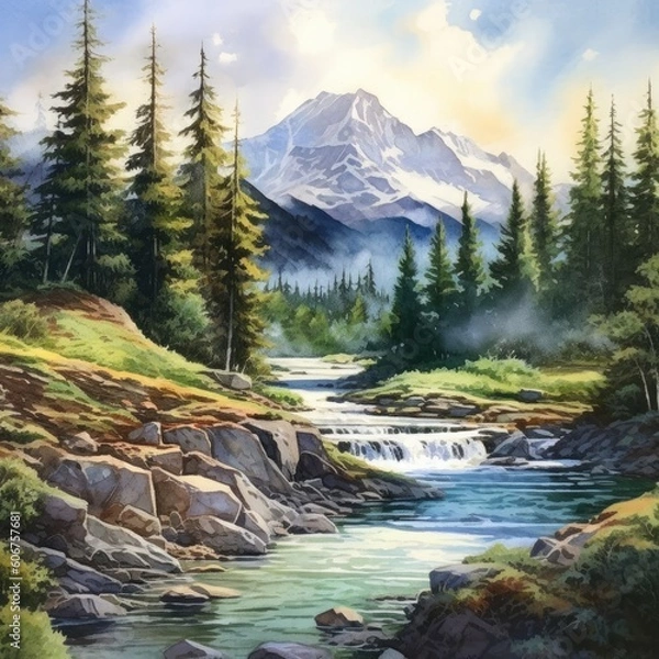 Fototapeta landscape painting of a mountain, water, and forest Generative Ai